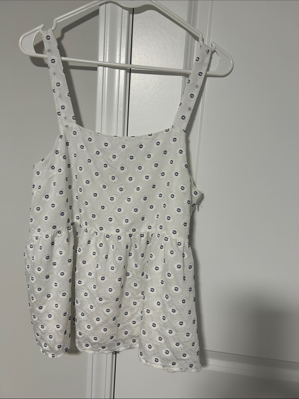 LOFT White Eyelet Shell with Navy Embroidered Dots